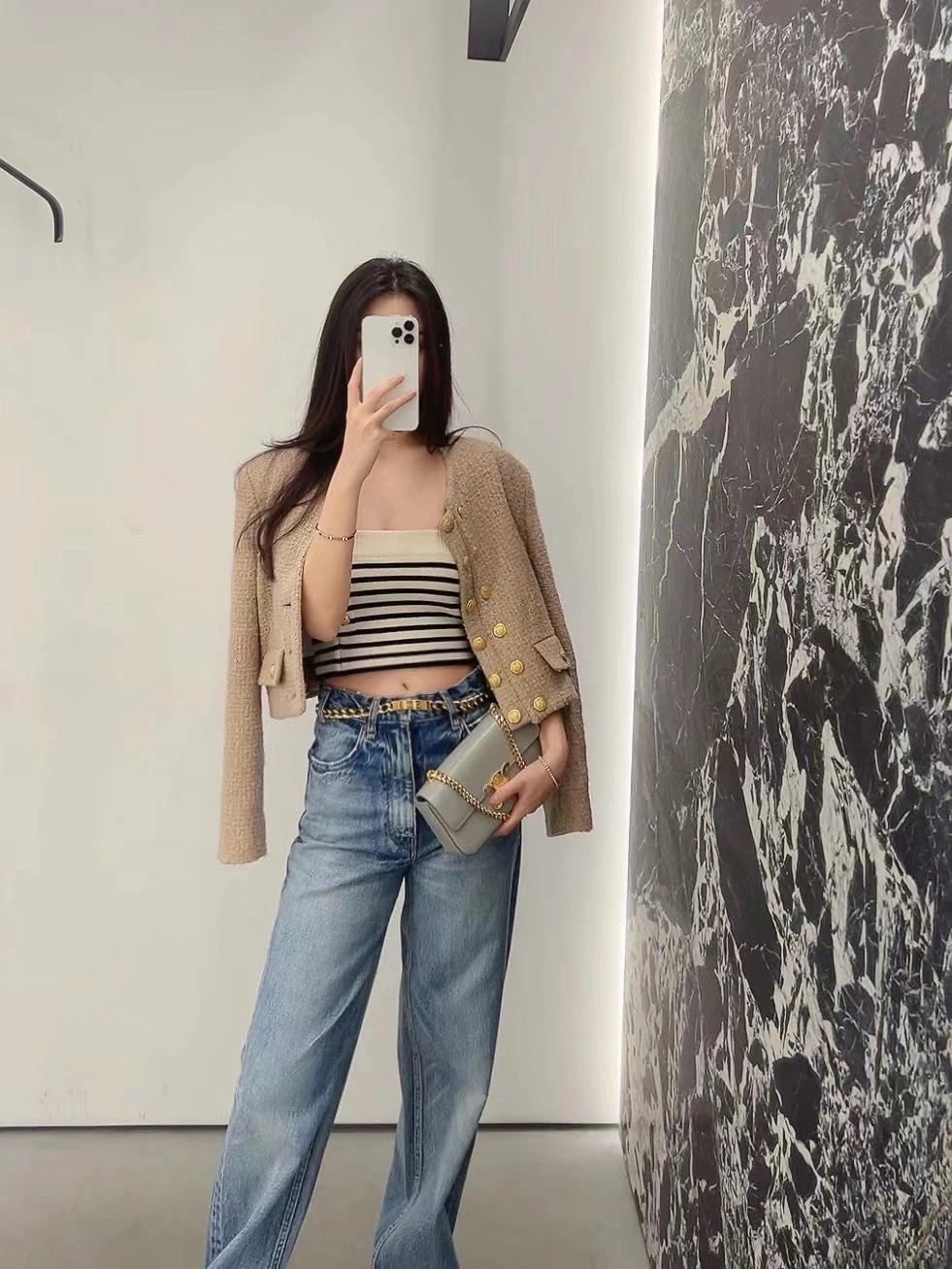 CELINE CHAIN SHOULDER 20.5CM BAG 197993灰色/金扣