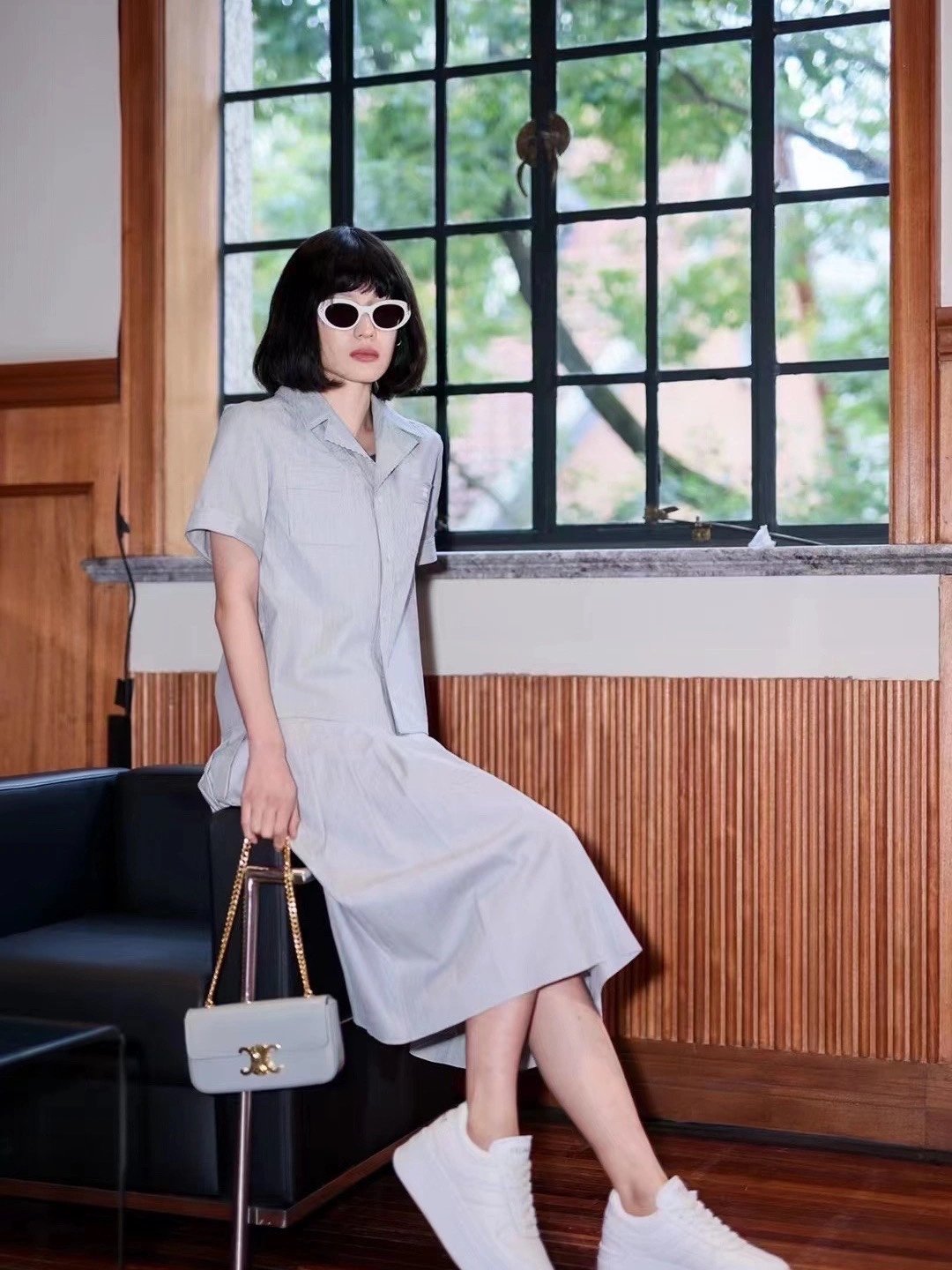 CELINE CHAIN SHOULDER 20.5CM BAG 197993灰色/金扣