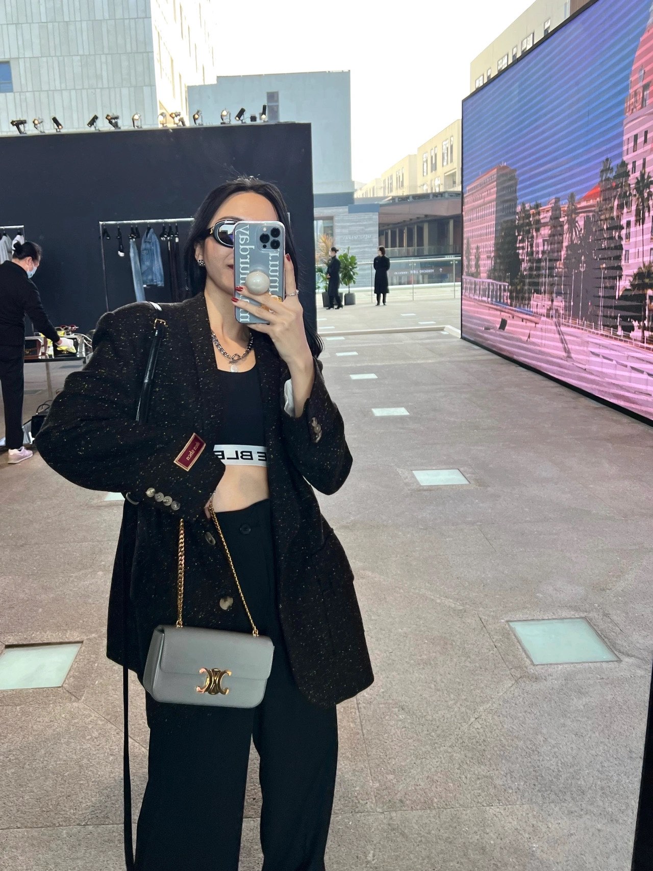 CELINE CHAIN SHOULDER 20.5CM BAG 197993灰色/金扣