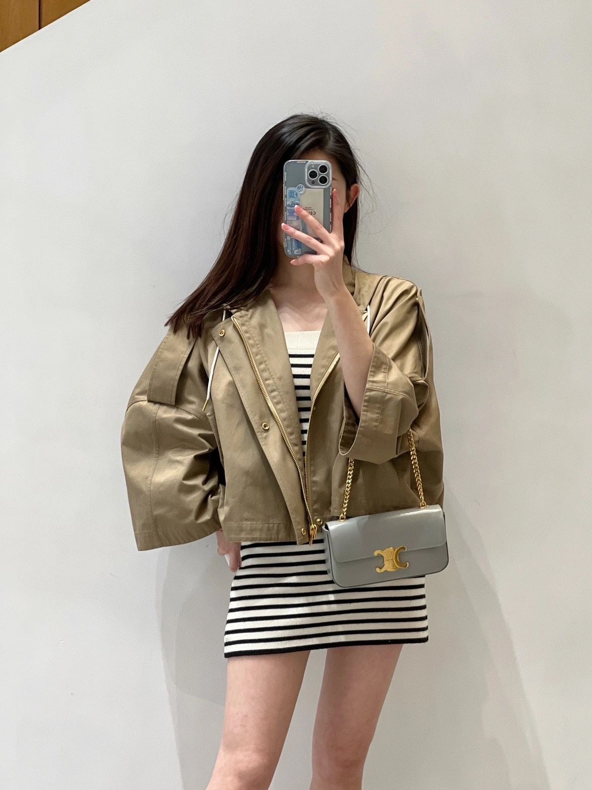 CELINE CHAIN SHOULDER 20.5CM BAG 197993灰色/金扣