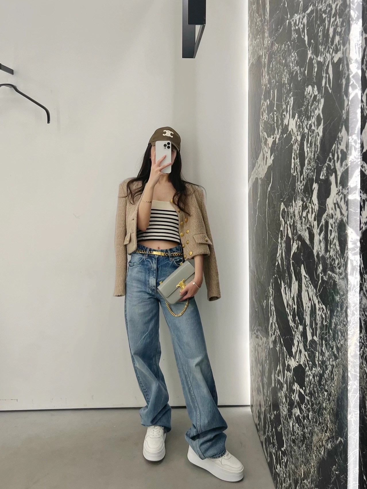 CELINE CHAIN SHOULDER 20.5CM BAG 197993灰色/金扣