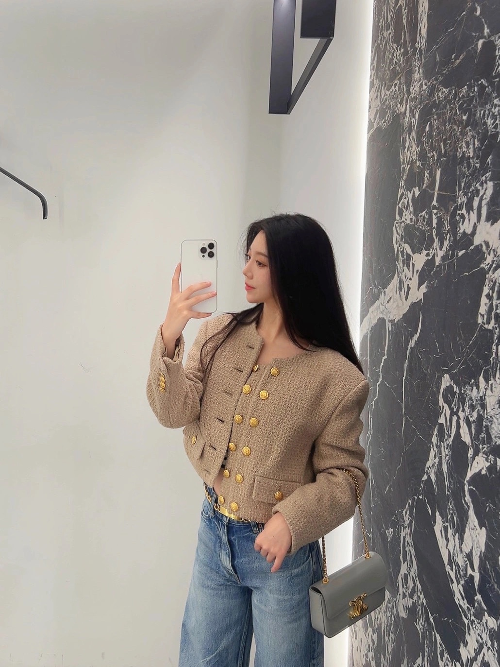 CELINE CHAIN SHOULDER 20.5CM BAG 197993灰色/金扣