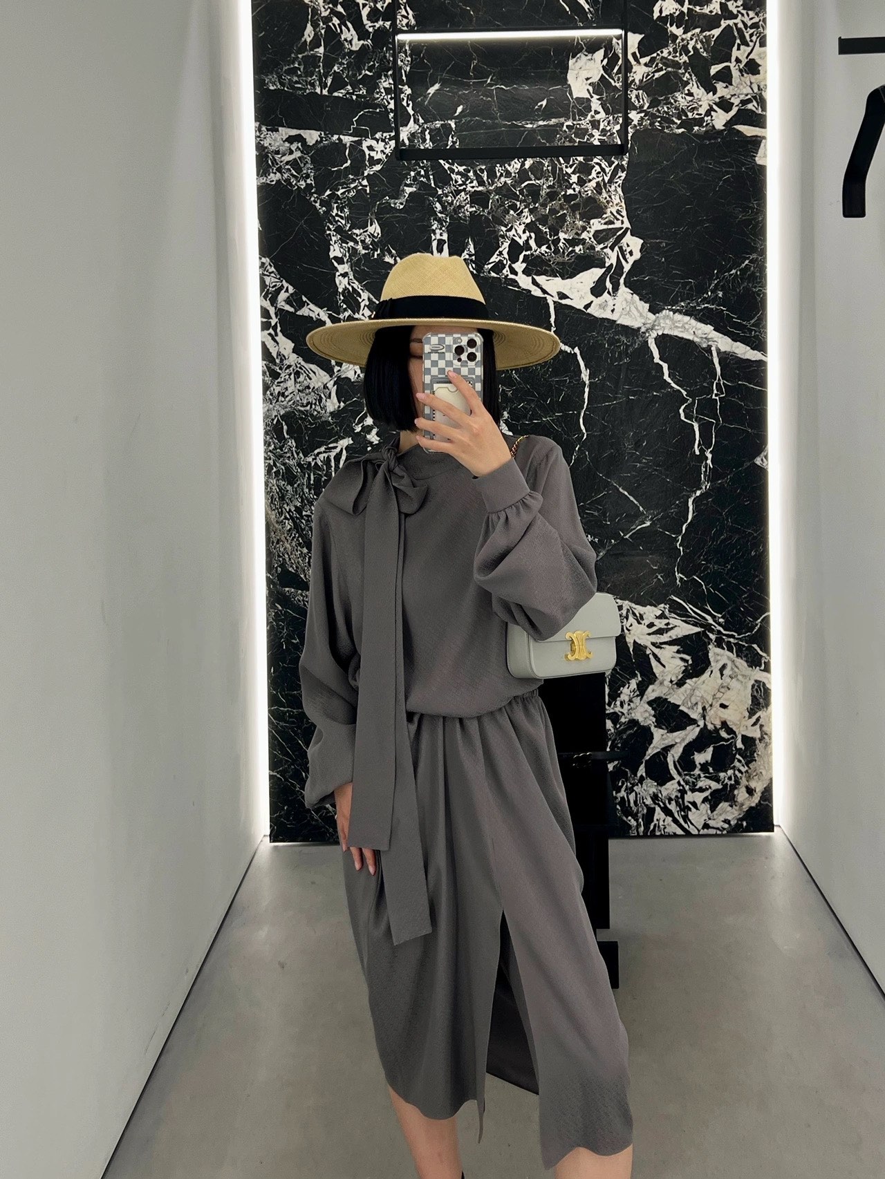 CELINE CHAIN SHOULDER 20.5CM BAG 197993灰色/金扣