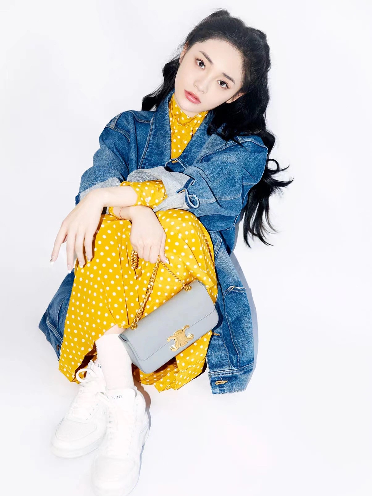 CELINE CHAIN SHOULDER 20.5CM BAG 197993灰色/金扣