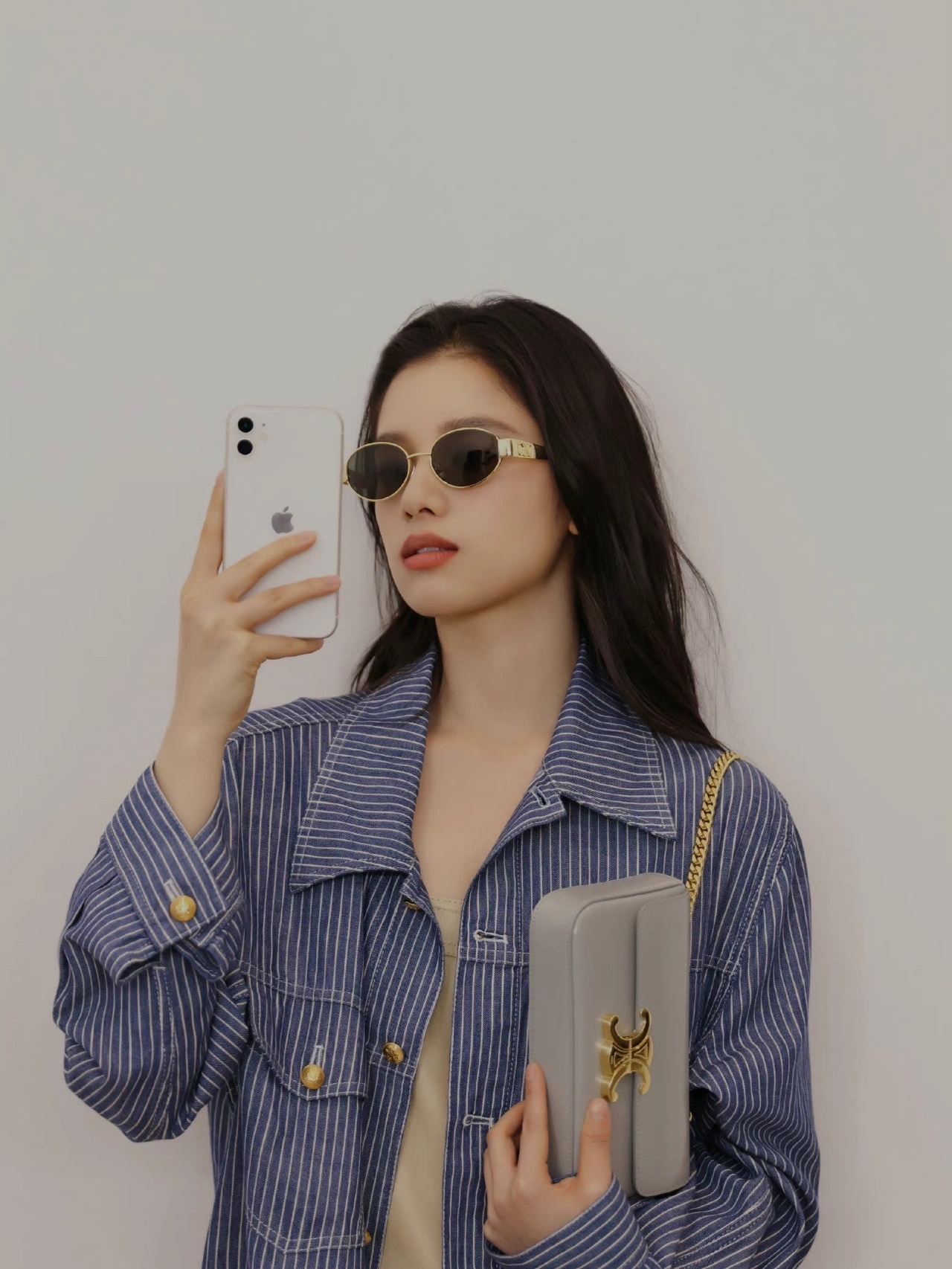 CELINE CHAIN SHOULDER 20.5CM BAG 197993灰色/金扣