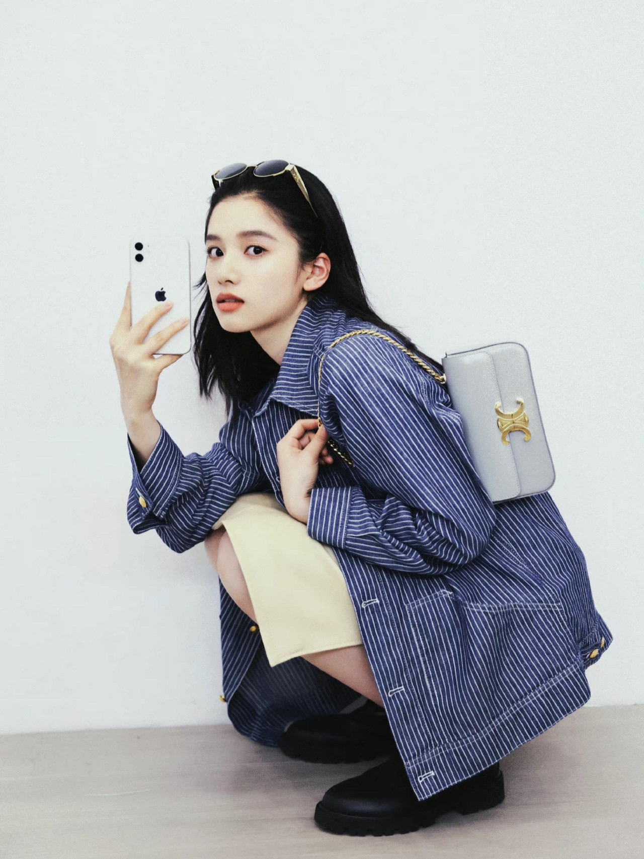 CELINE CHAIN SHOULDER 20.5CM BAG 197993灰色/金扣