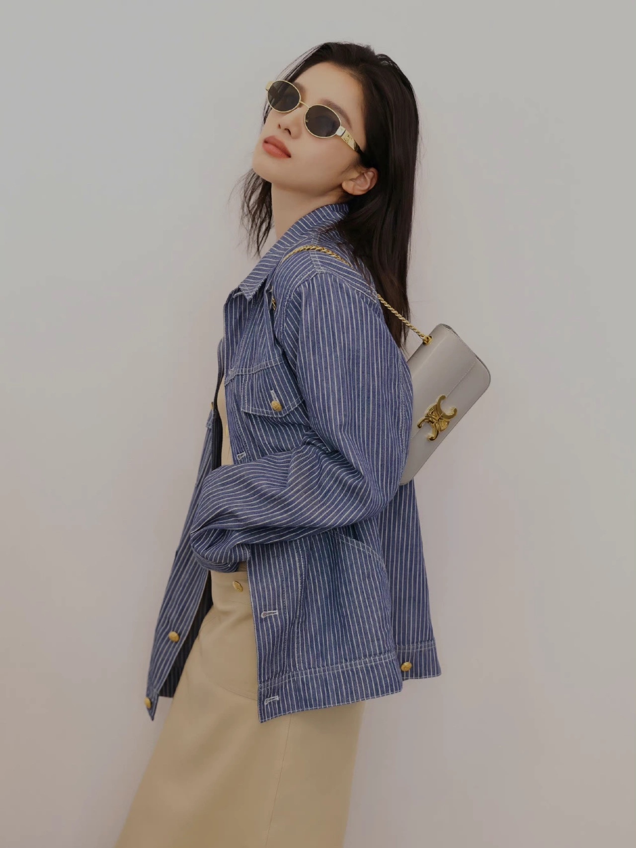 CELINE CHAIN SHOULDER 20.5CM BAG 197993灰色/金扣