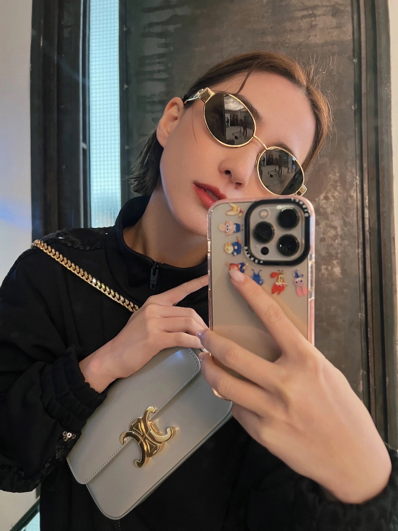 CELINE CHAIN SHOULDER 20.5CM BAG 197993灰色/金扣