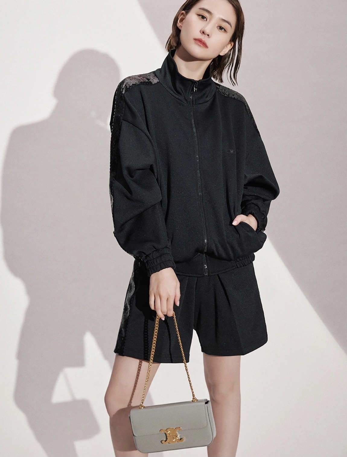 CELINE CHAIN SHOULDER 20.5CM BAG 197993灰色/金扣