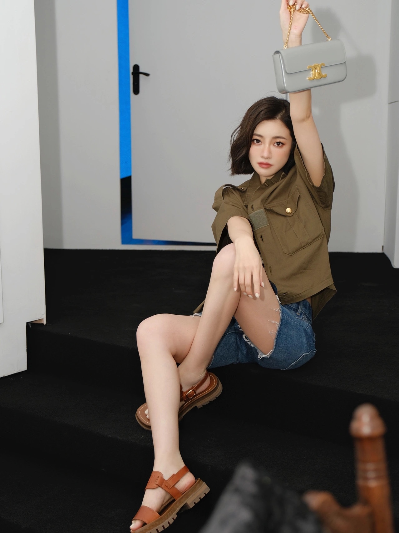 CELINE CHAIN SHOULDER 20.5CM BAG 197993灰色/金扣