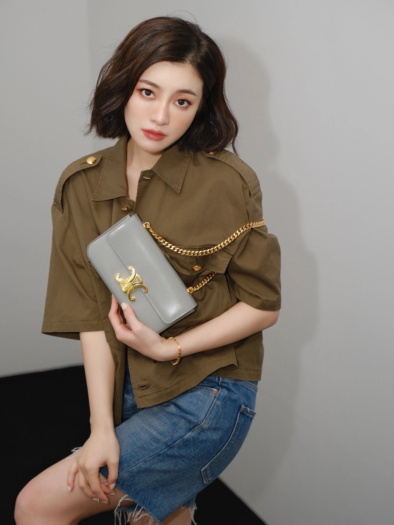 CELINE CHAIN SHOULDER 20.5CM BAG 197993灰色/金扣