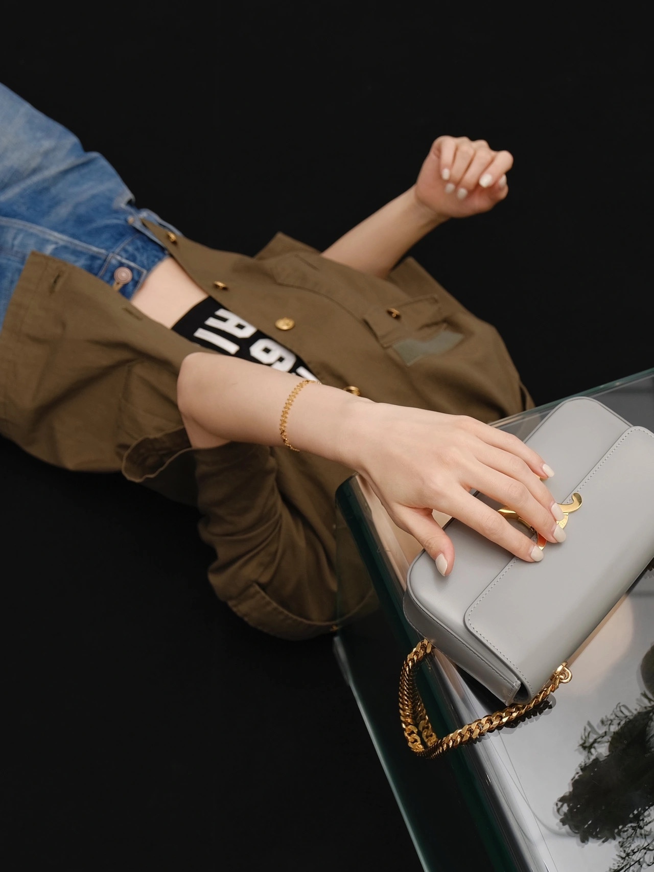 CELINE CHAIN SHOULDER 20.5CM BAG 197993灰色/金扣