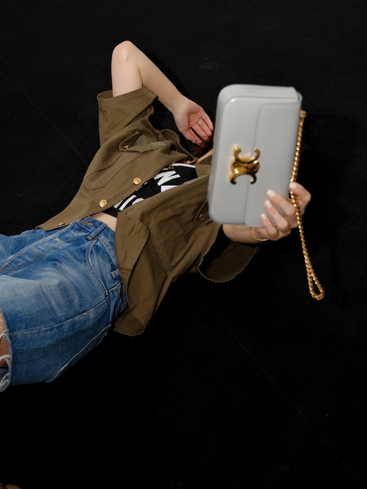 CELINE CHAIN SHOULDER 20.5CM BAG 197993灰色/金扣