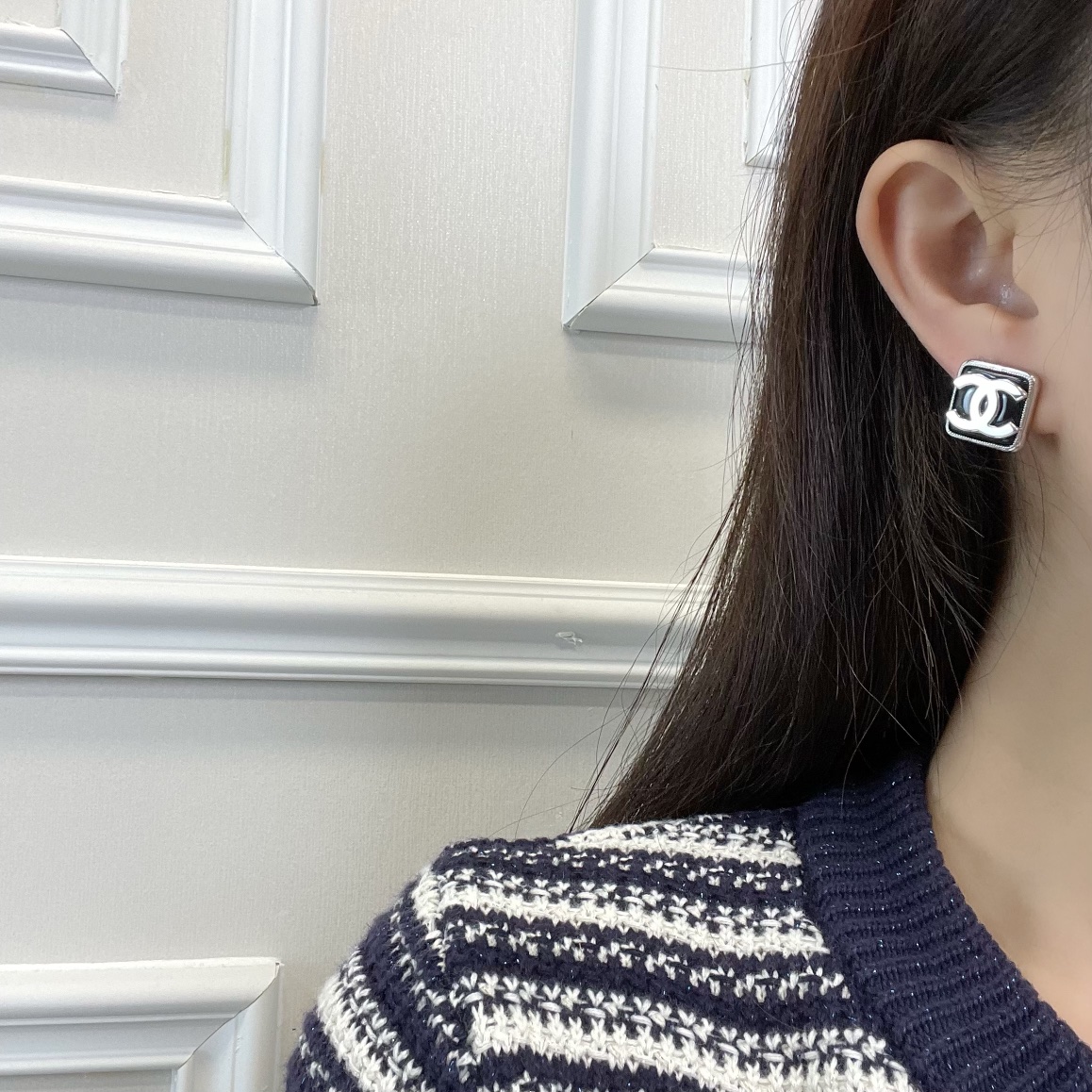 新款☑️CHANEL香奈儿双c方形黑白耳钉耳环