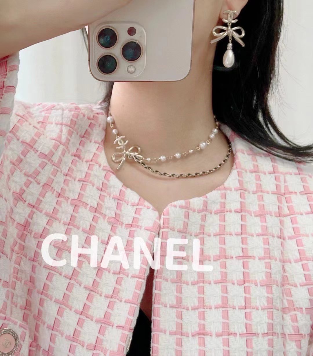 新款☑️CHANEL香奈儿蝴蝶结黑皮绳珍珠项链颈链