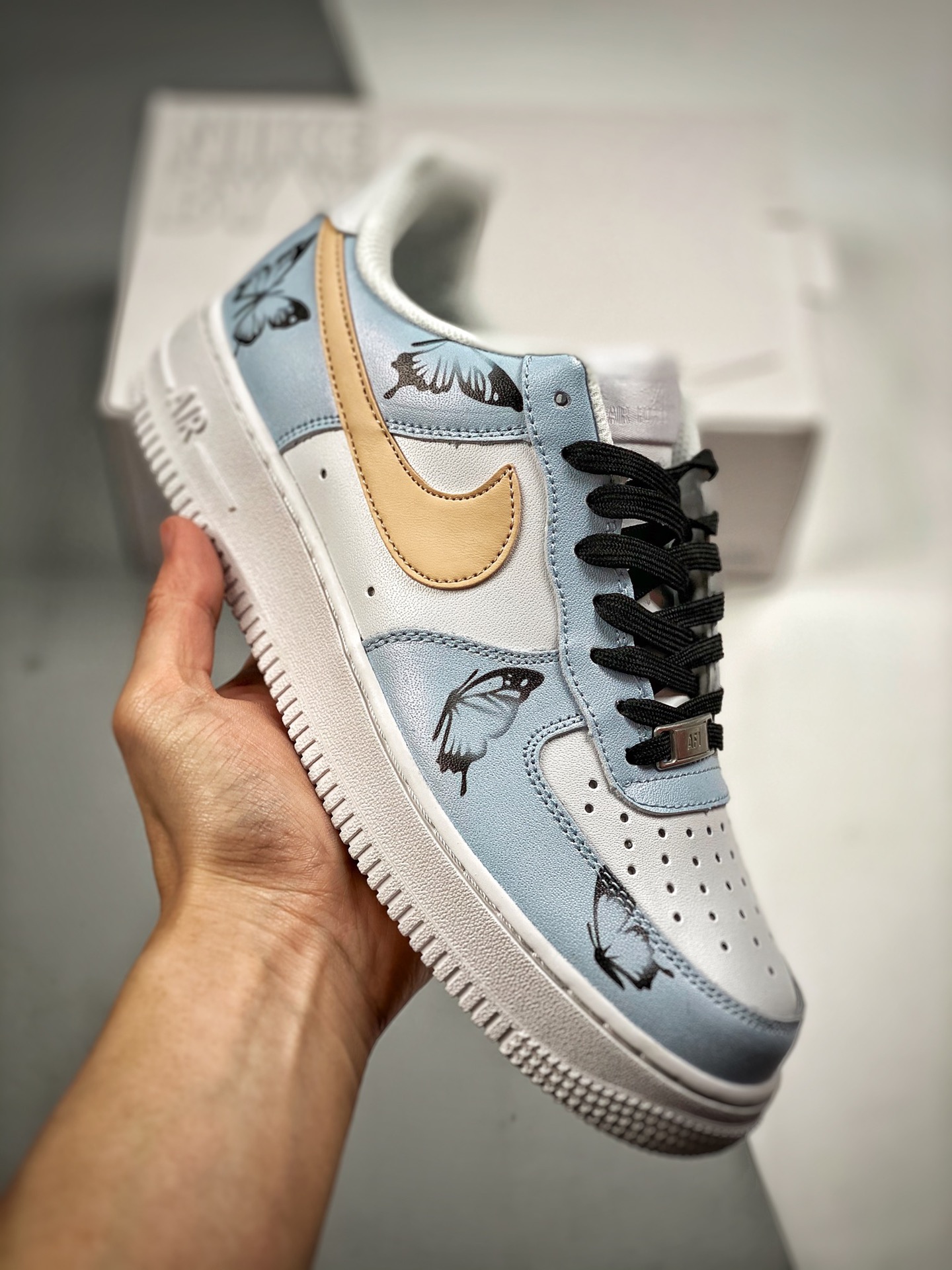 -3 Nike Air Force 1 Blanco Azul Mariposa Personalizada Sincronizado oficial, nivel original, horma original y cartón or…