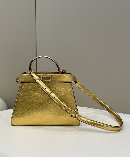 Elegant Fendi Peekaboo ISeeU Small Gold Leather Top Handle Bag for Women 1 Elegant Fendi Peekaboo ISeeU Small Gold Leather Top Handle Bag for Women