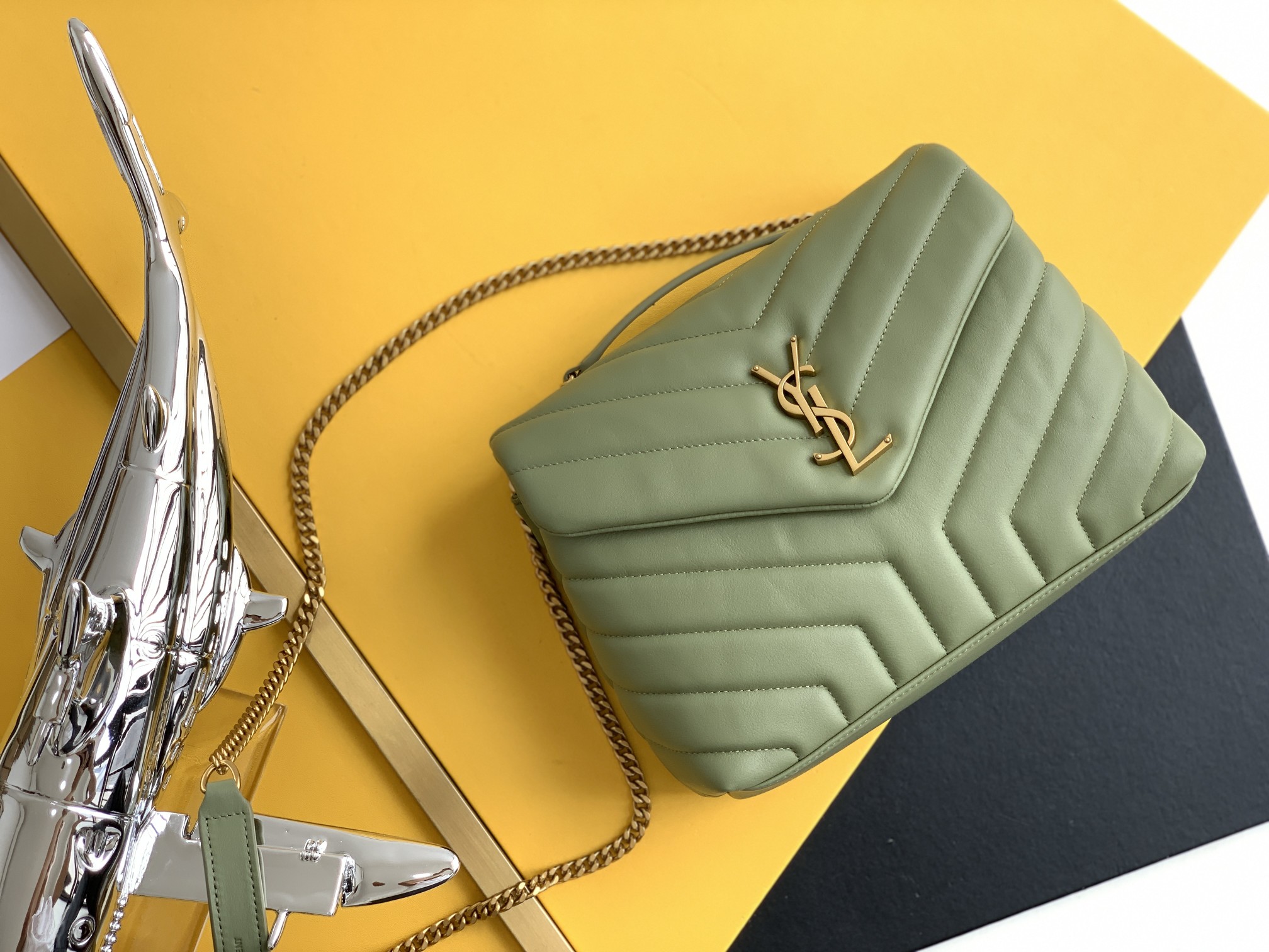 Calfskin Chain Bag Y-Shape Panel Flap Crossbody Bag