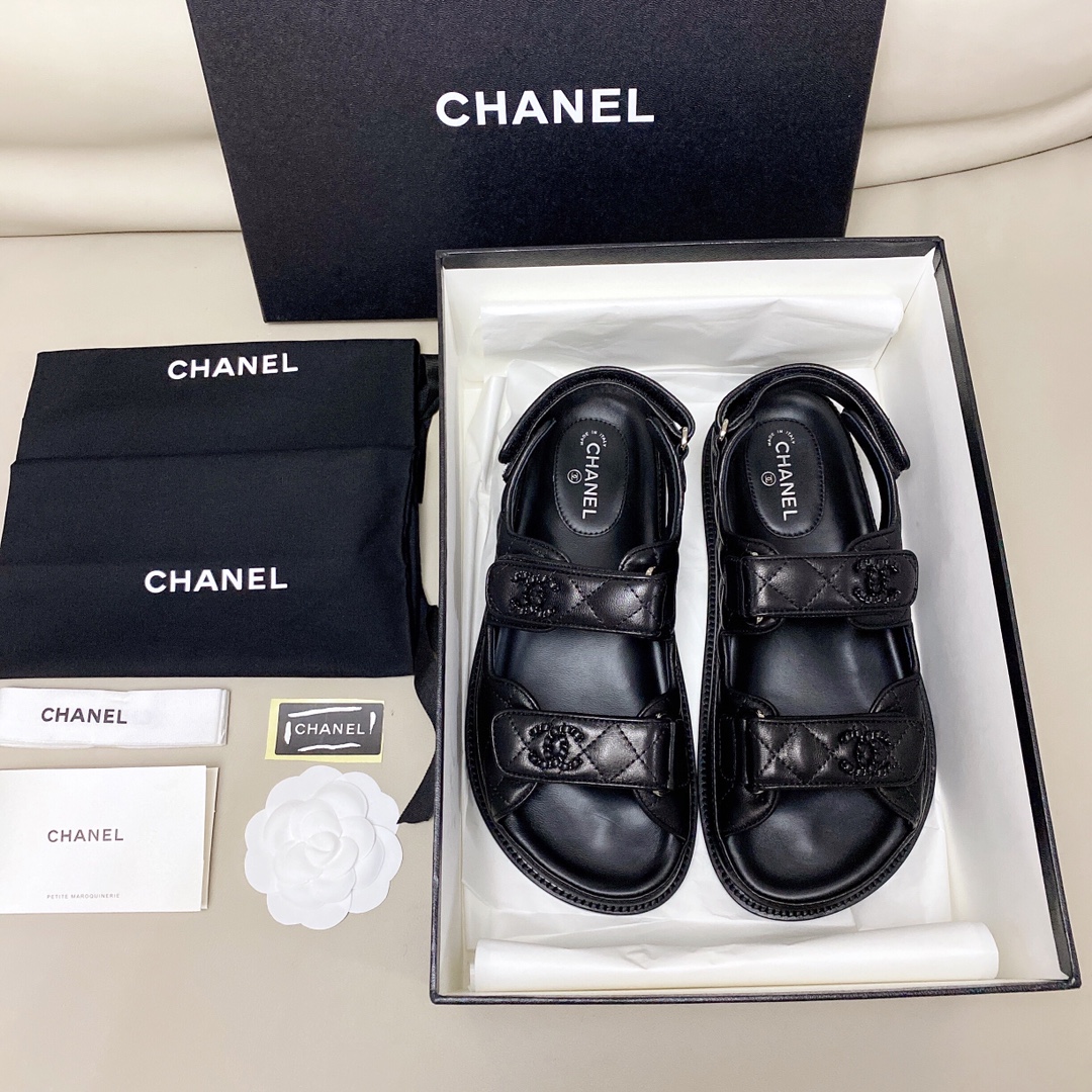 Chanel Shoes Sandals Black Gold Hardware Genuine Leather Sheepskin Beach