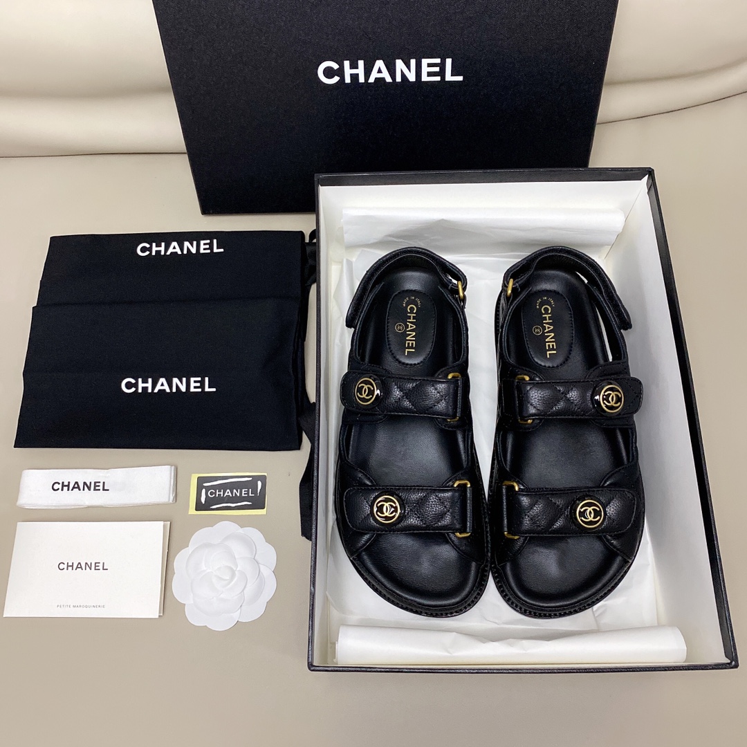 Chanel Shoes Sandals Black Lychee Pattern Gold Hardware Calfskin Cowhide Genuine Leather Sheepskin Beach