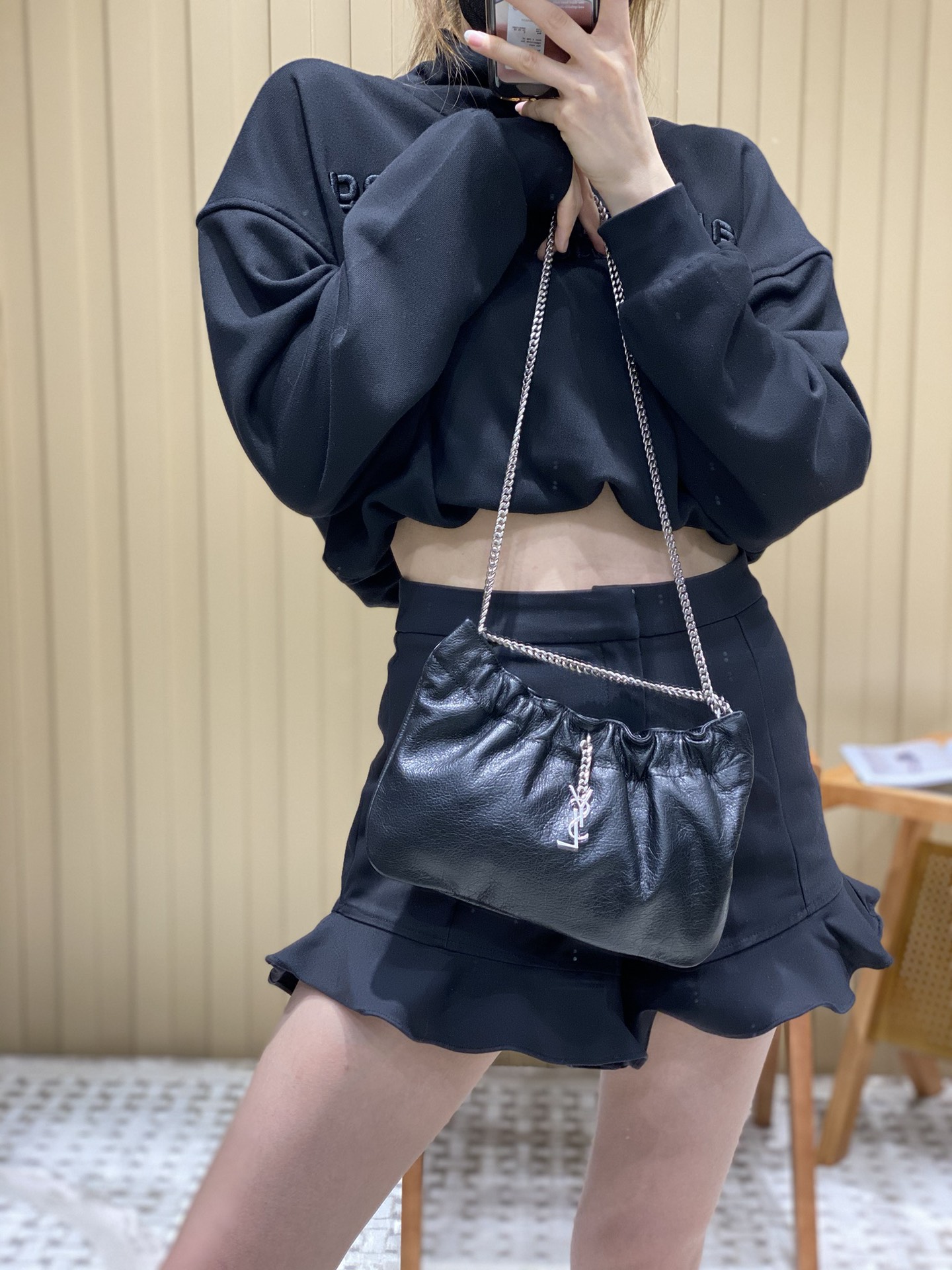 Saint laurent Ysl 专柜新款云朵型腋下链条包 681632黑色银扣