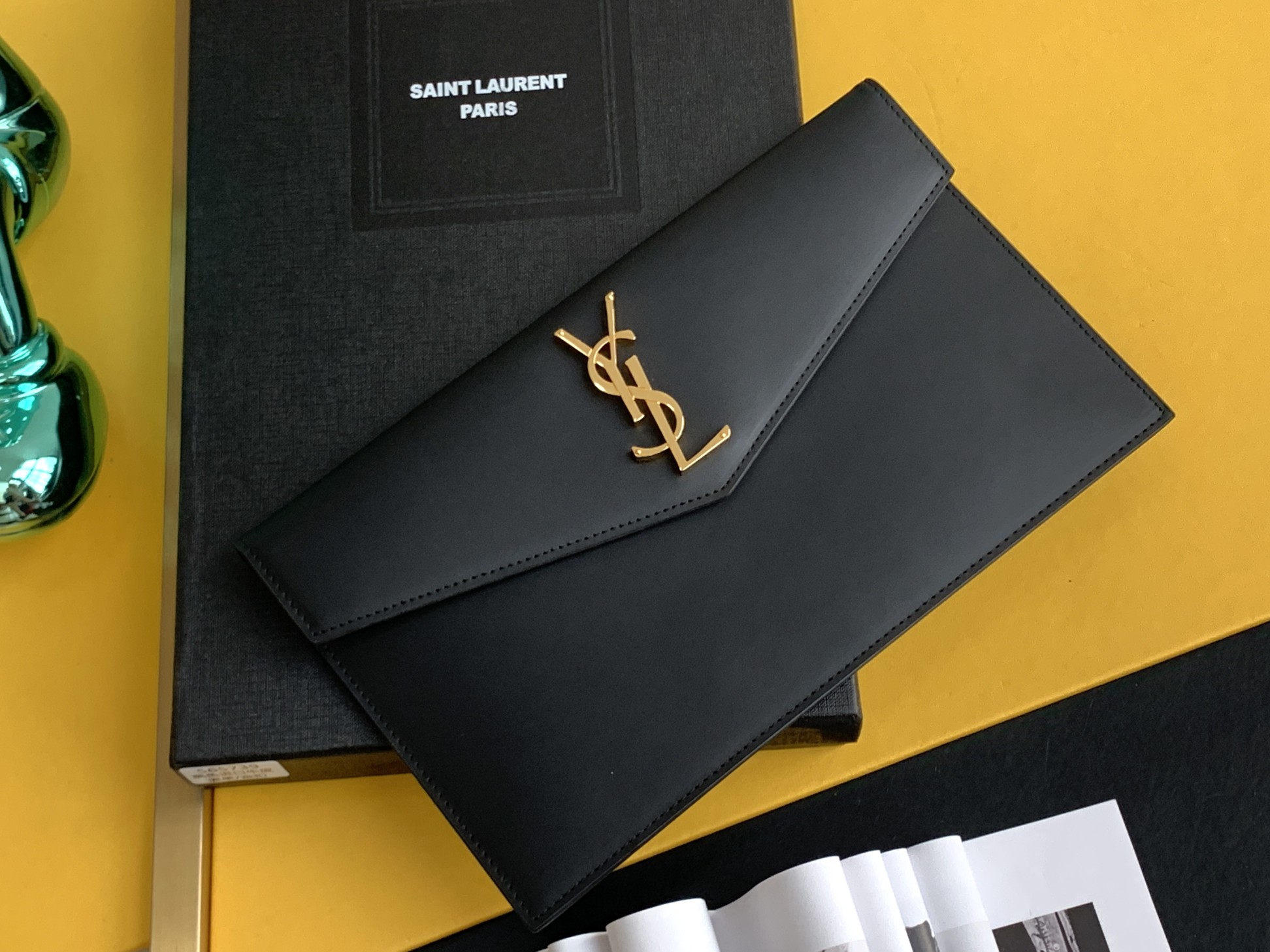 YSL Uptown Clutch Italian Leather Metal Logo