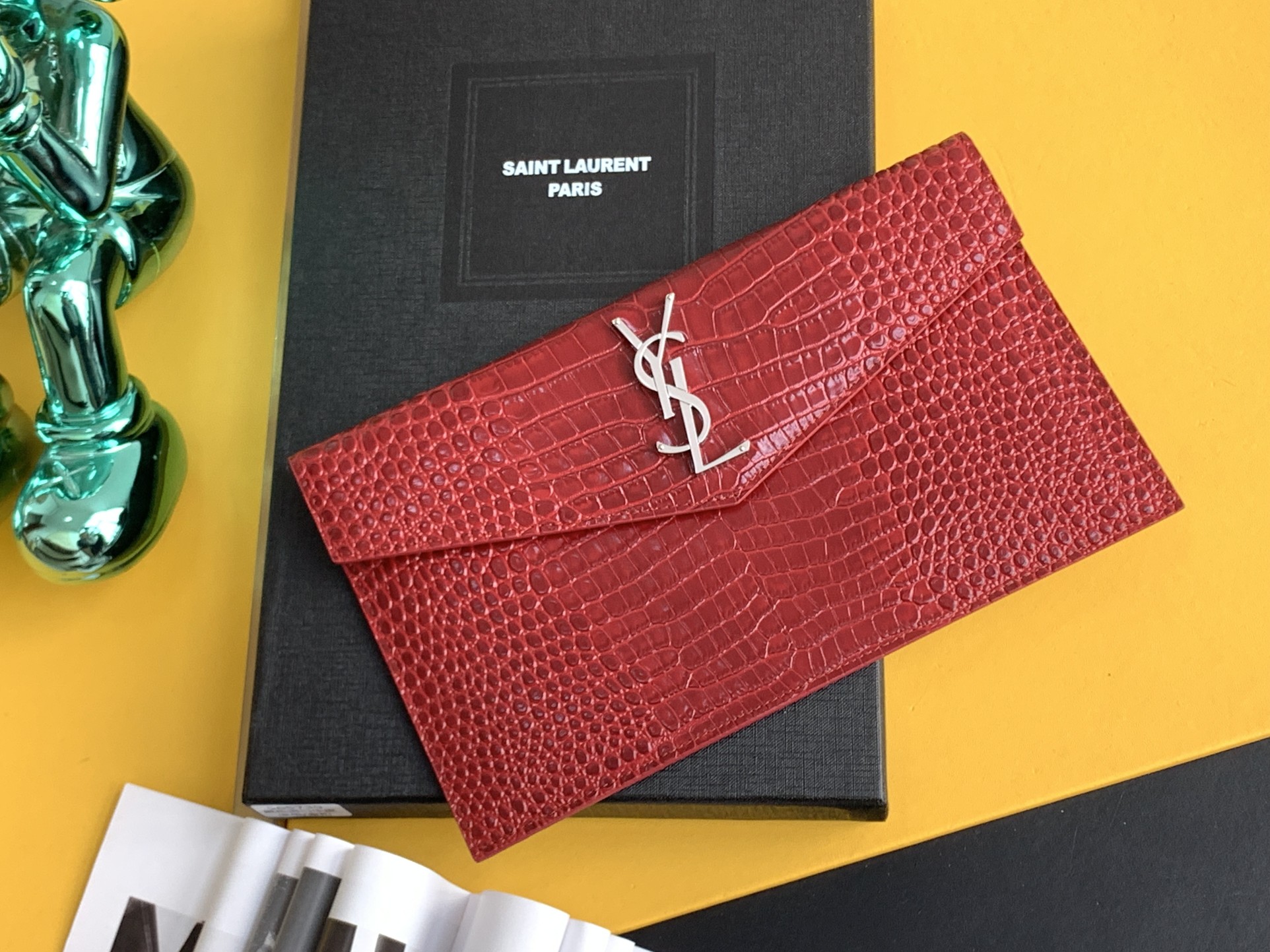 YSL Clutch Bag Metal Logo Embossed Leather Envelope Style