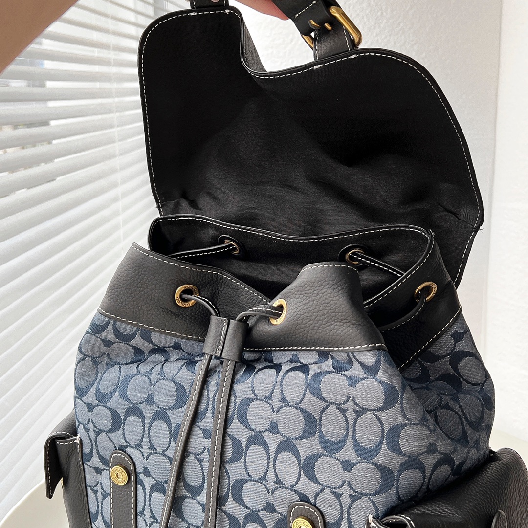 Coach 新品C8183万众期待的香布蕾系列 Hudson双肩包男士大号翻盖和拉绳开合 织布衬里垂直长度7