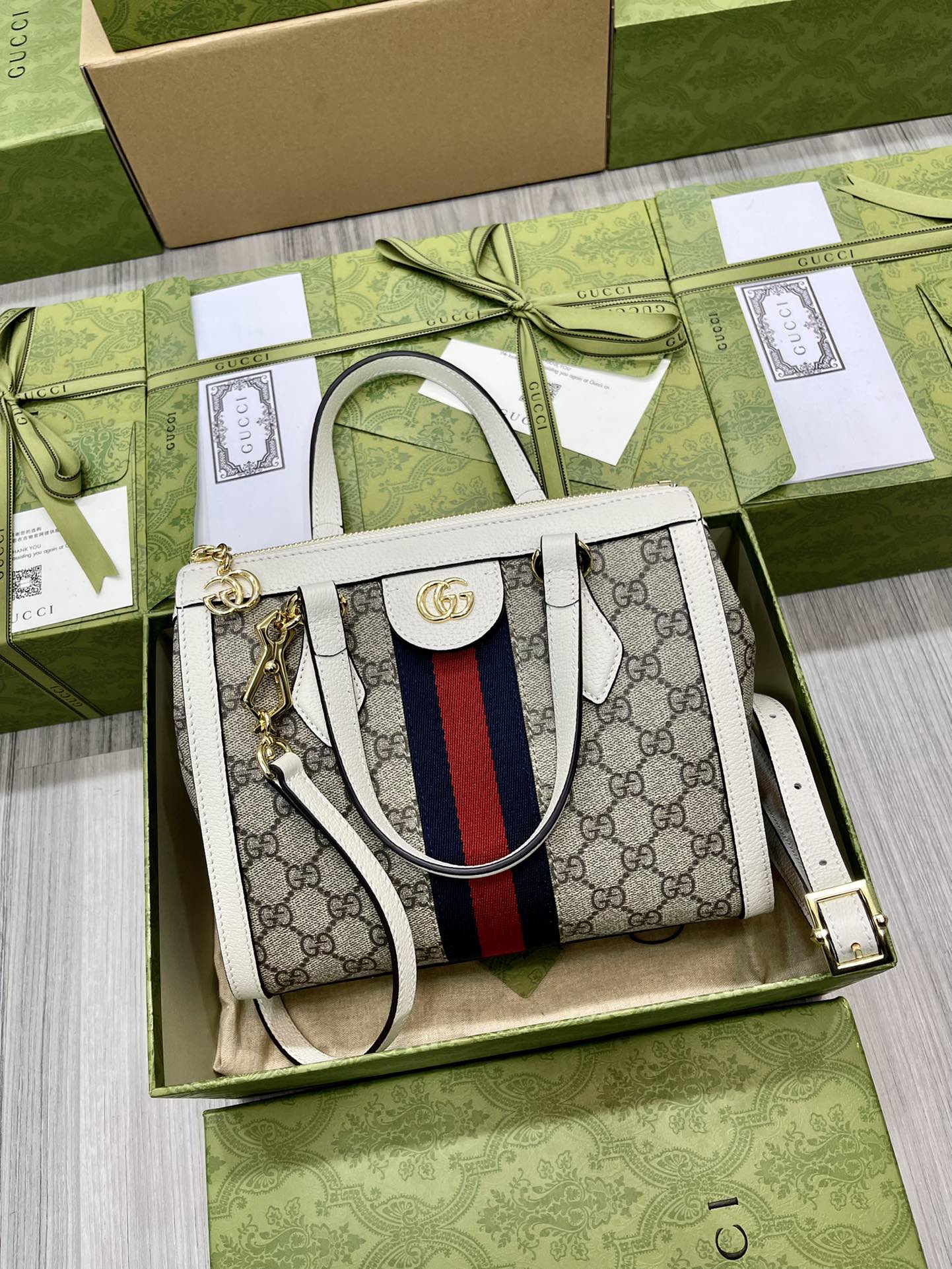 GUCCI Ophidia Tote Bag Web Stripe Leather Trim Double G Detachable Shoulder Strap