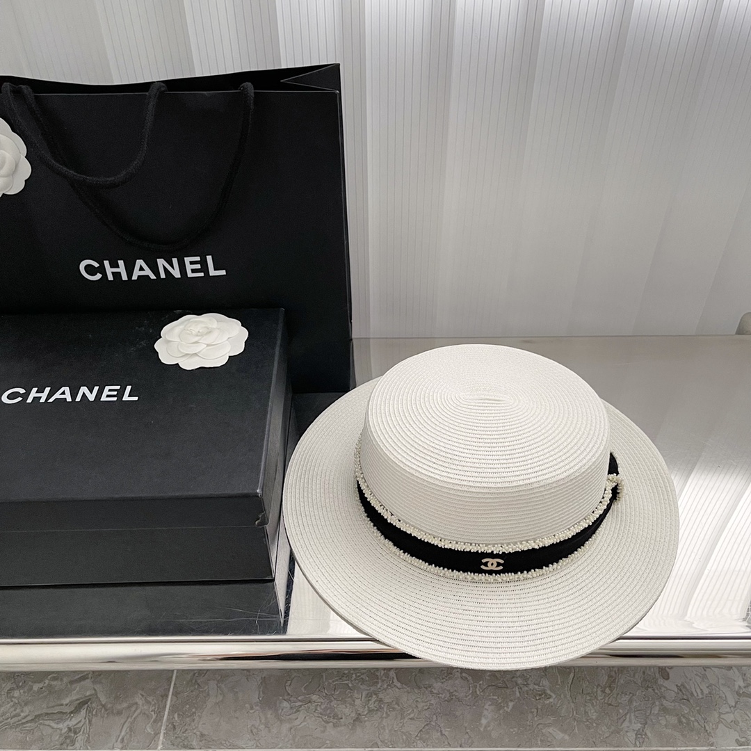 CHANEL 19P NATURAL STRAW DOUBLE VISOR HAT WITH BLACK LEATHER  BANDLNEWRARE  eBay