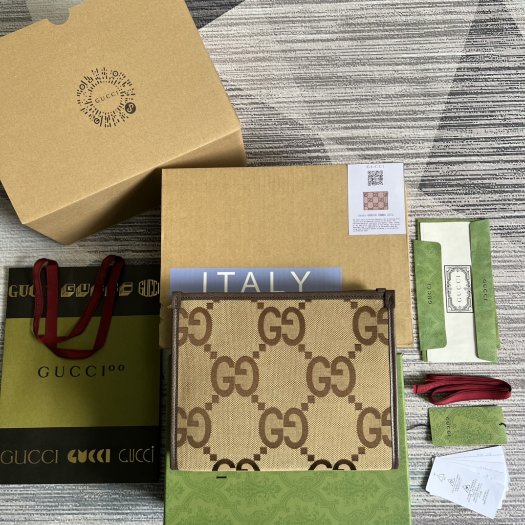GUCCI 超级双G图案 帆布手拿包 棕色皮革滚边