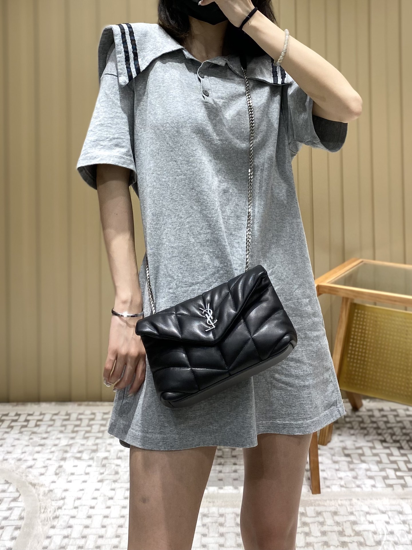 Ysl LOULOU PUFFER 23CM 迷你绗缝小羊皮包 620333黑色银扣