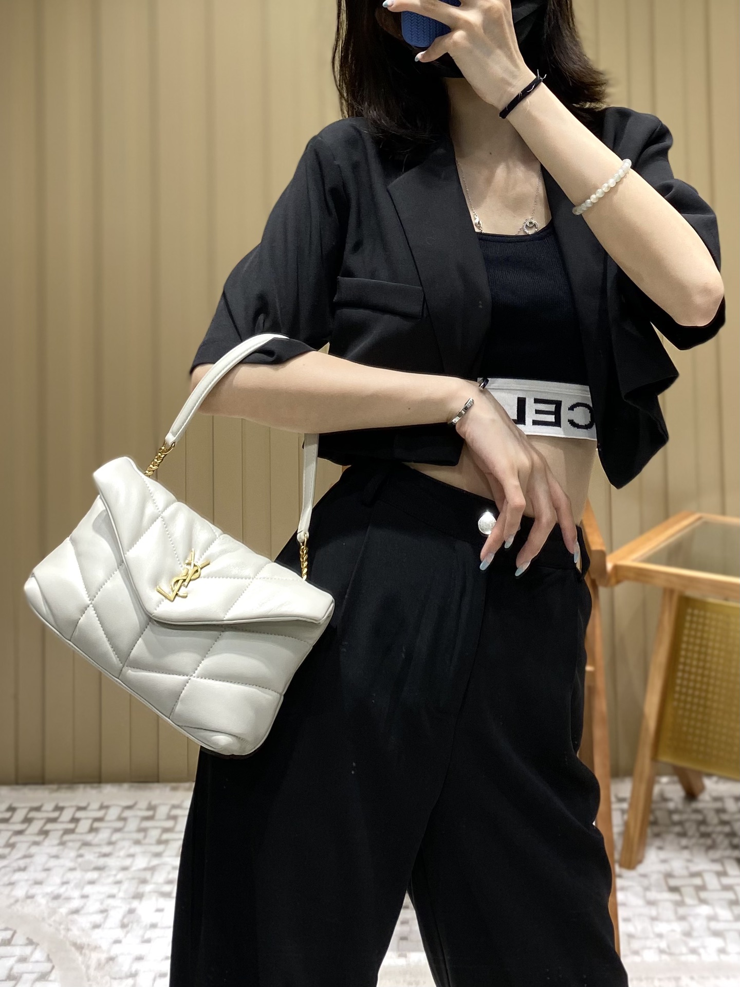 Ysl LOULOU PUFFER 23CM 迷你绗缝小羊皮包 620333白色/金扣