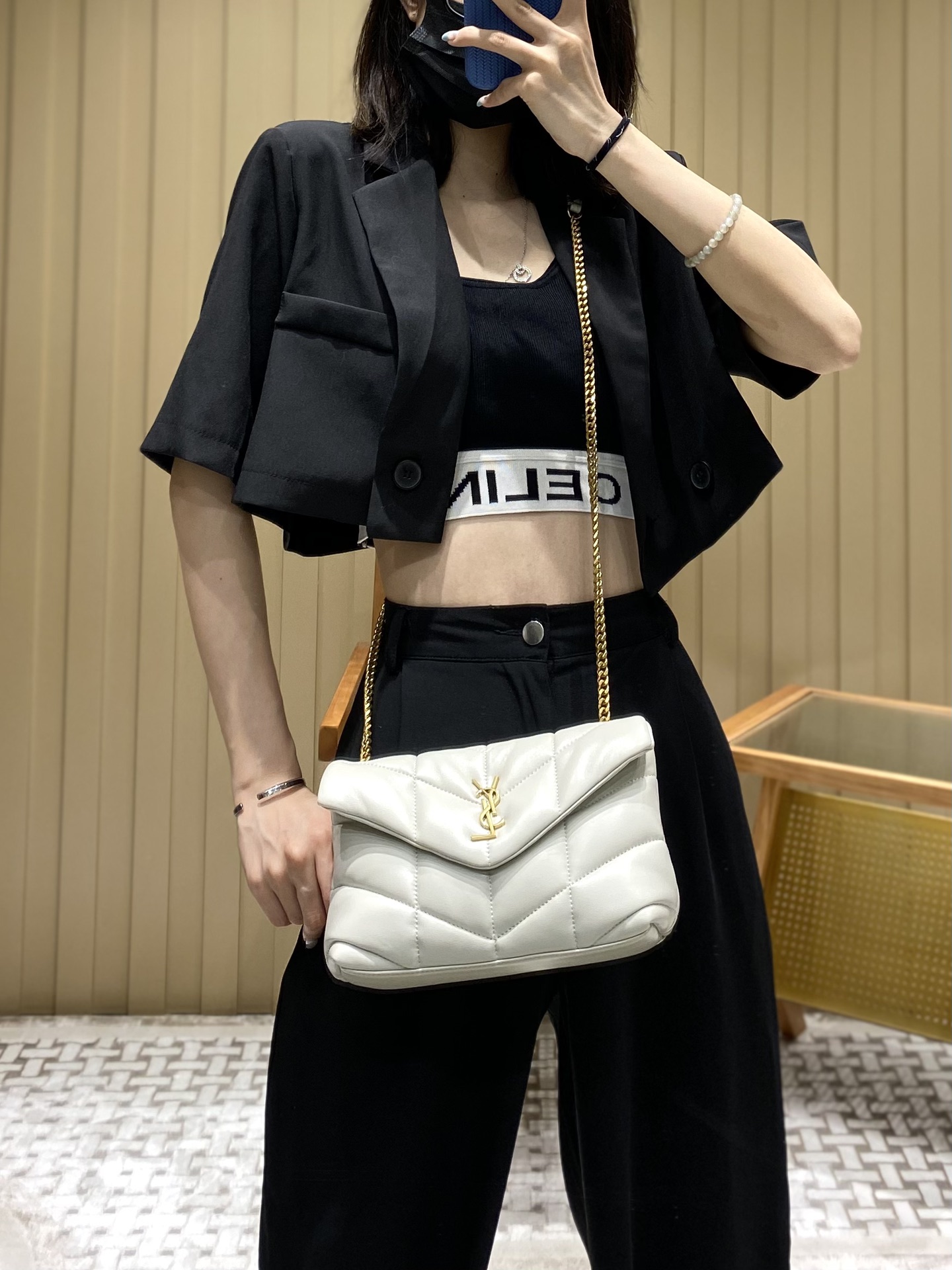 Ysl LOULOU PUFFER 23CM 迷你绗缝小羊皮包 620333白色/金扣