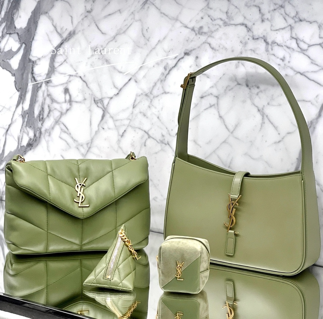 Ysl LOULOU PUFFER 23CM 迷你绗缝小羊皮包 620333牛油果绿/金扣