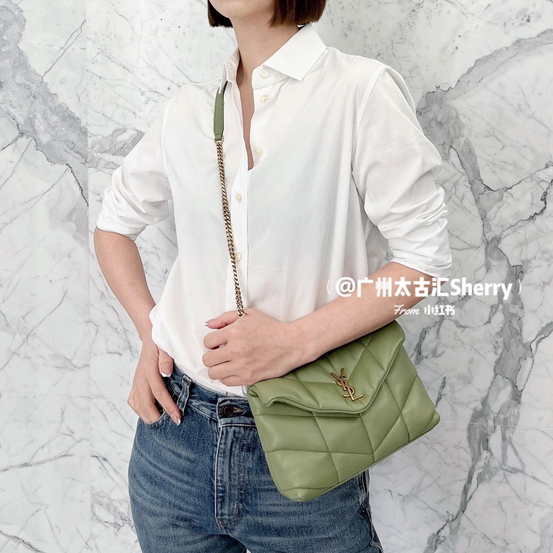 Ysl LOULOU PUFFER 23CM 迷你绗缝小羊皮包 620333牛油果绿/金扣