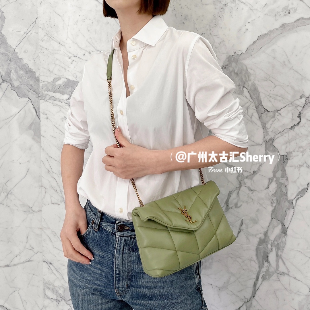 Ysl LOULOU PUFFER 23CM 迷你绗缝小羊皮包 620333牛油果绿/金扣