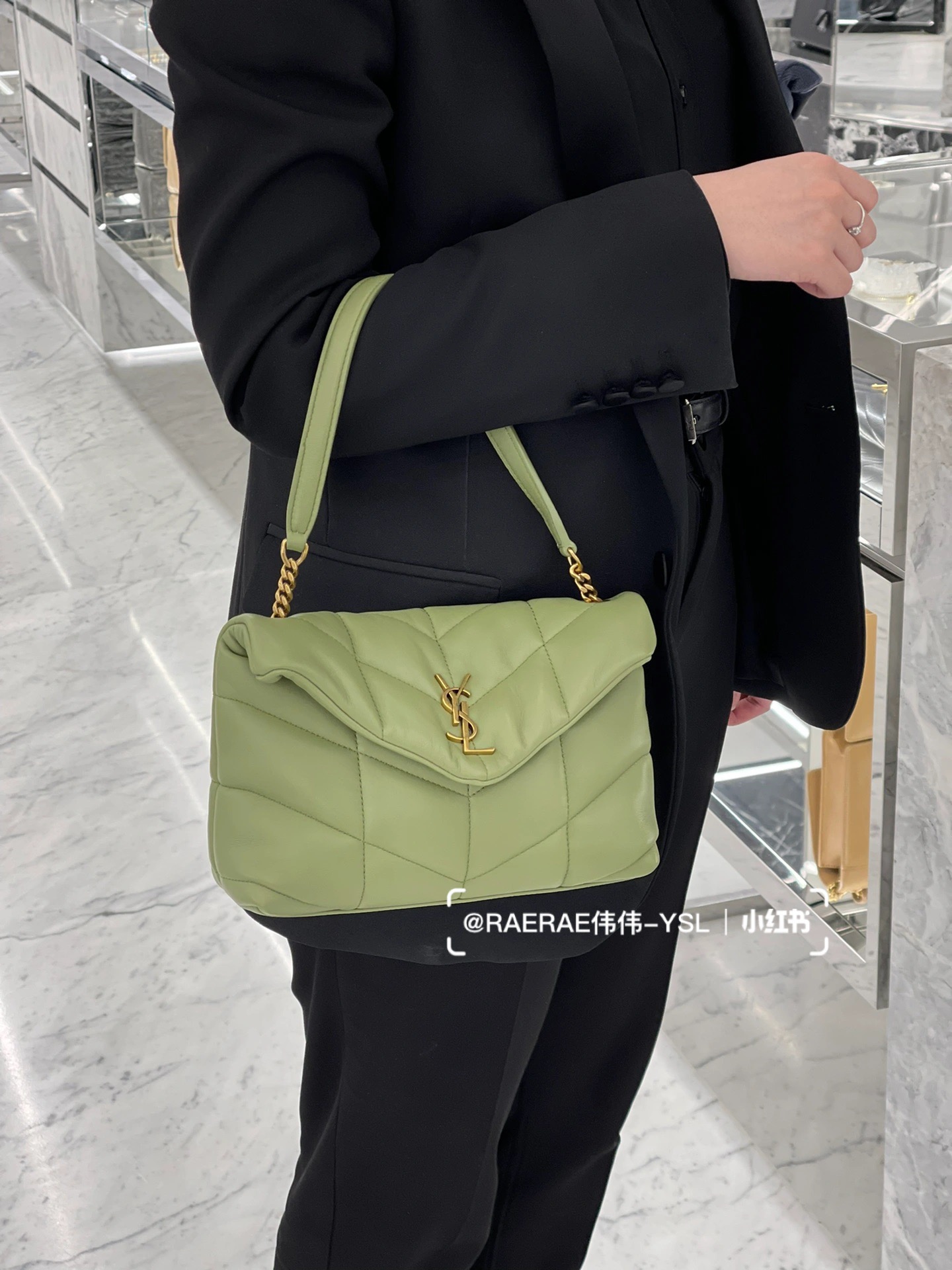 Ysl LOULOU PUFFER 23CM 迷你绗缝小羊皮包 620333牛油果绿/金扣