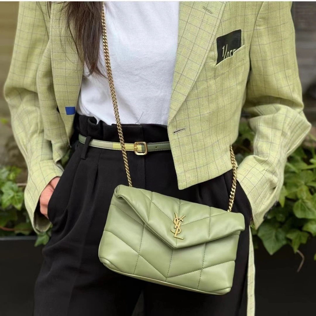 Ysl LOULOU PUFFER 23CM 迷你绗缝小羊皮包 620333牛油果绿/金扣