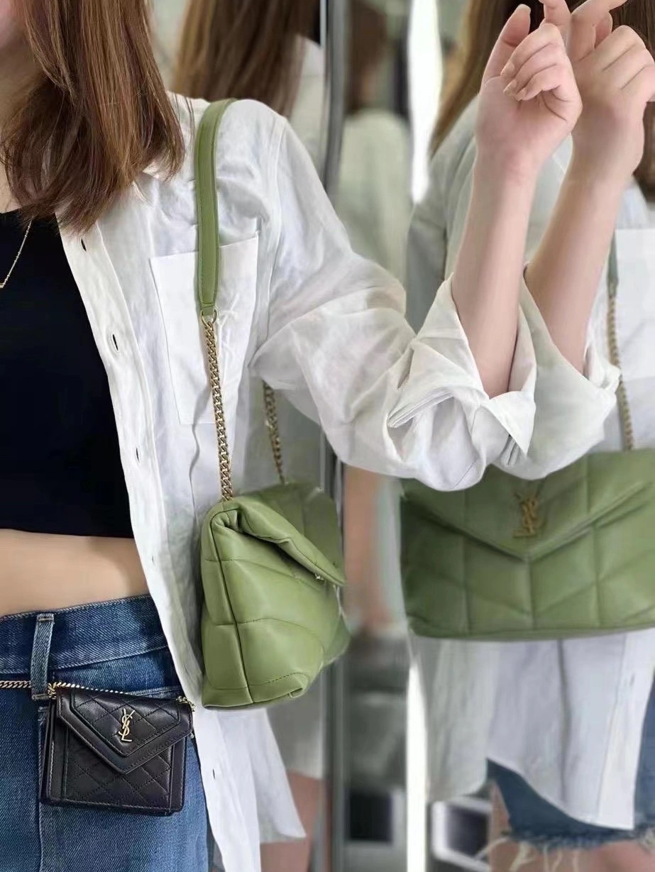 Ysl LOULOU PUFFER 23CM 迷你绗缝小羊皮包 620333牛油果绿/金扣