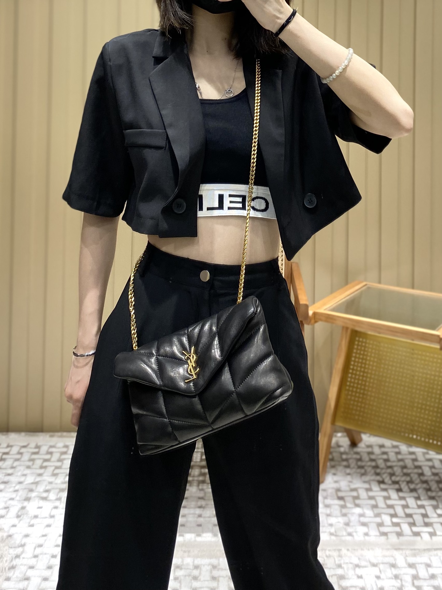 Ysl LOULOU PUFFER 23CM 迷你绗缝小羊皮包 620333黑色/金扣