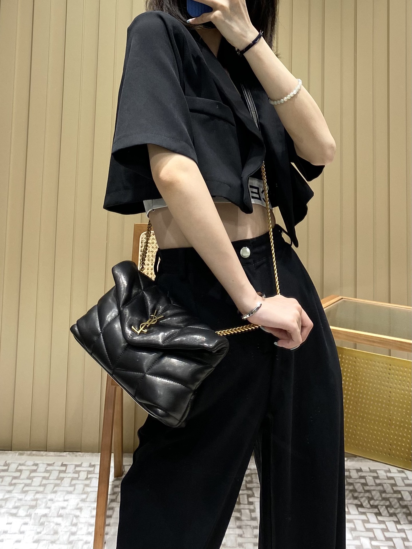 Ysl LOULOU PUFFER 23CM 迷你绗缝小羊皮包 620333黑色/金扣