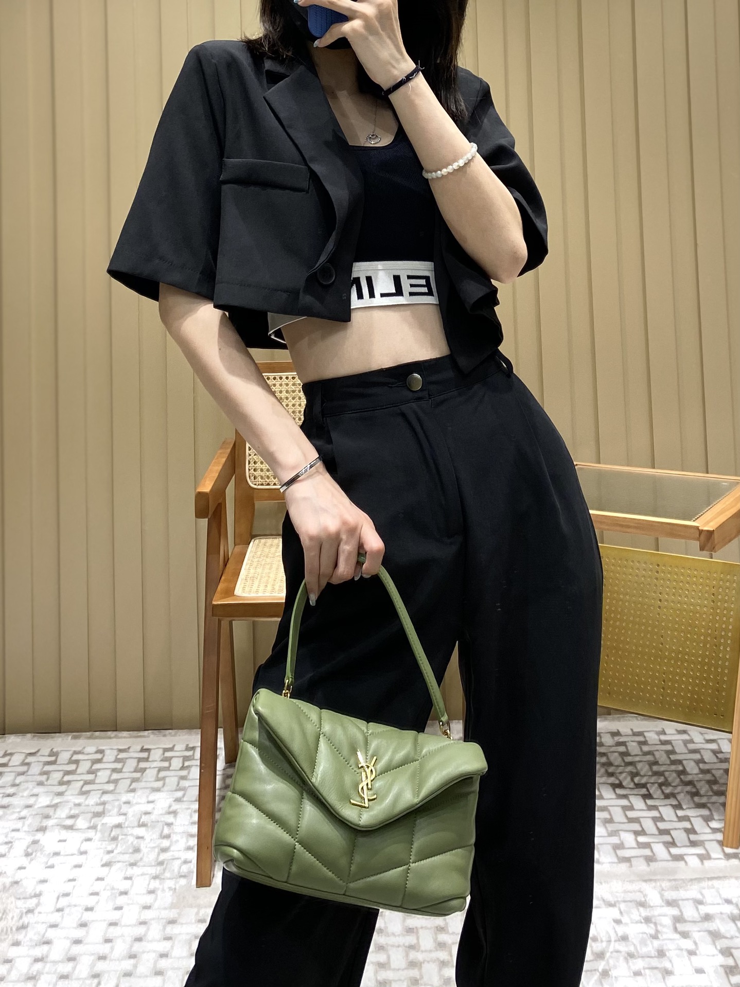 Ysl LOULOU PUFFER 23CM 迷你绗缝小羊皮包 620333牛油果绿/金扣