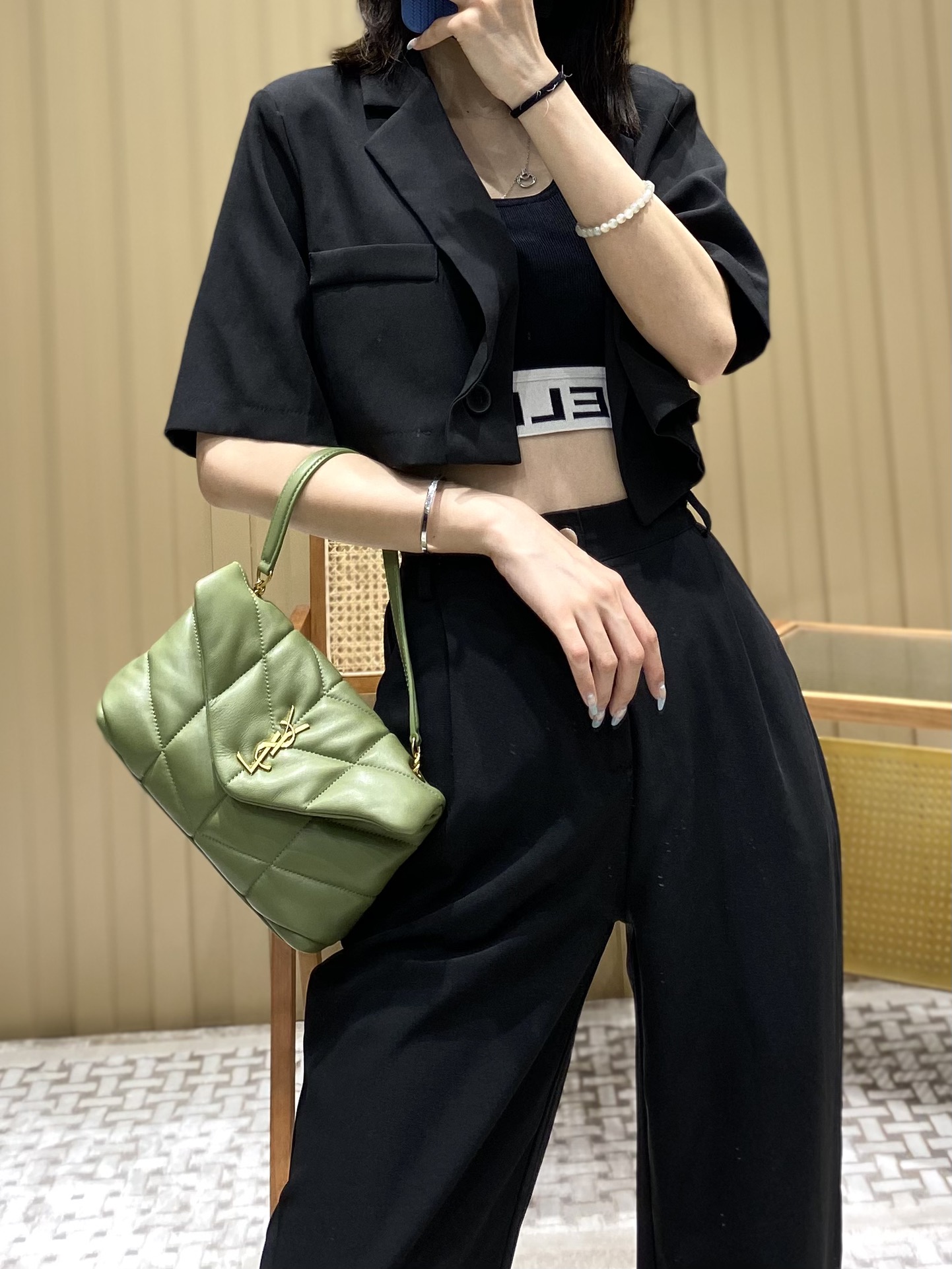 Ysl LOULOU PUFFER 23CM 迷你绗缝小羊皮包 620333牛油果绿/金扣