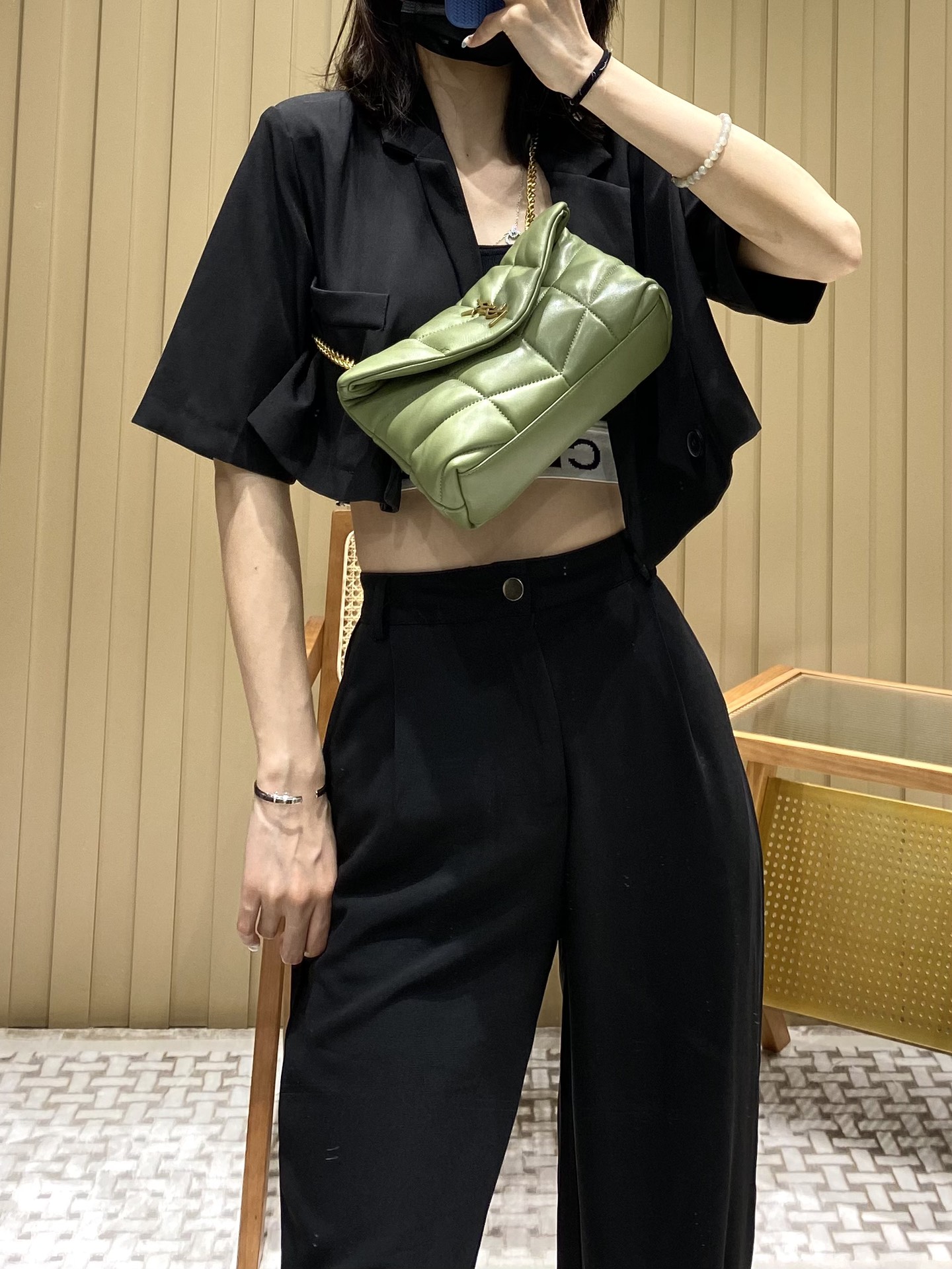 Ysl LOULOU PUFFER 23CM 迷你绗缝小羊皮包 620333牛油果绿/金扣