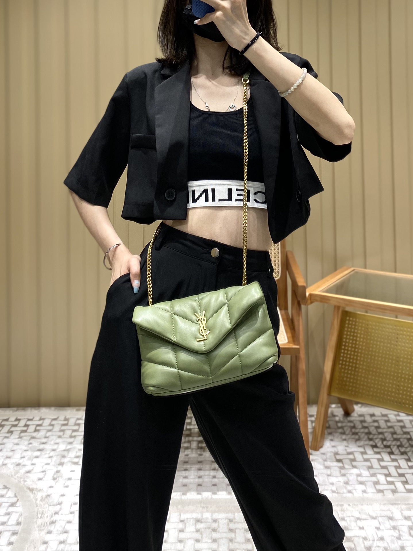 Ysl LOULOU PUFFER 23CM 迷你绗缝小羊皮包 620333牛油果绿/金扣