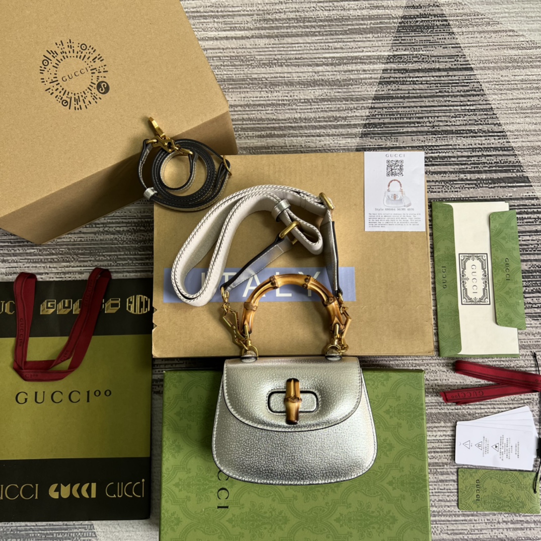 GUCCI Bamboo backpack double shoulder strap silver