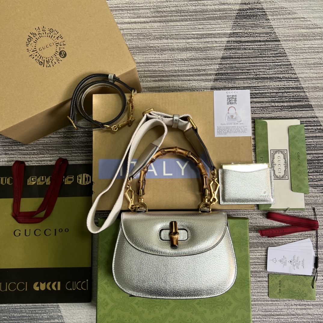 GUCCI Bamboo backpack double shoulder strap silver