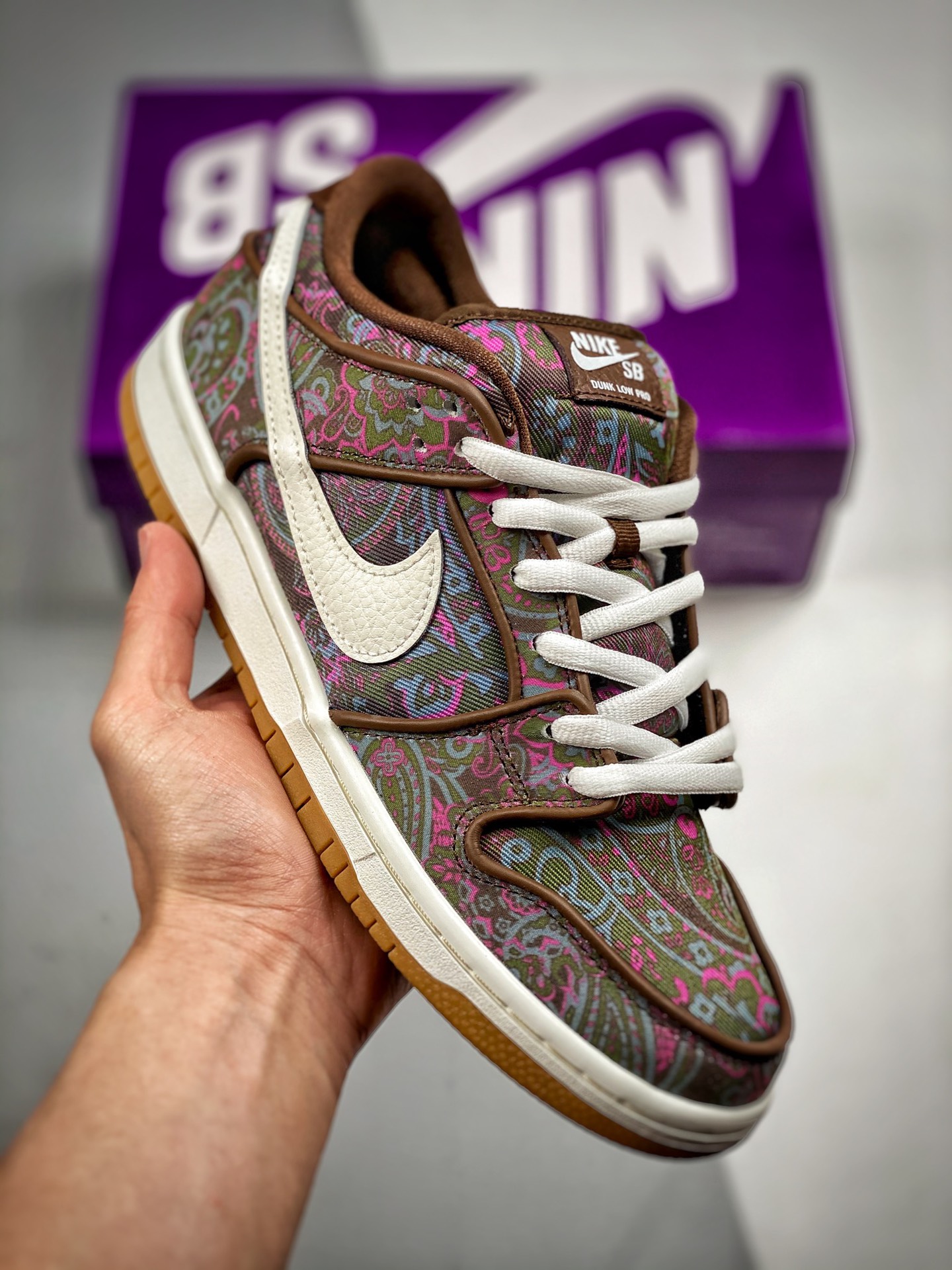 -4 Nk Dunk SB Low marrón y blanco con estampado de cachemir, producción original de fábrica grande, lanzamiento con fot…