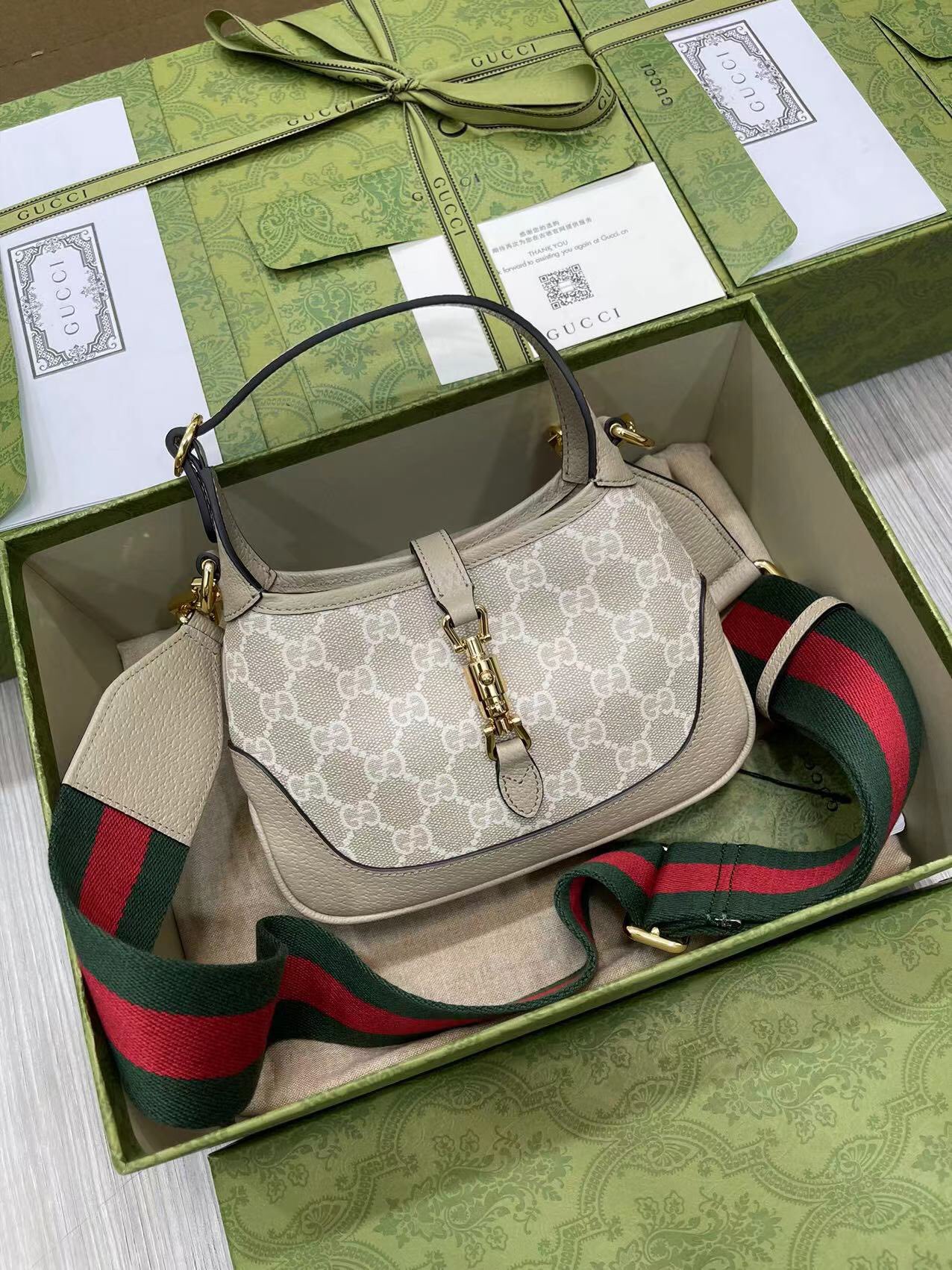 GUCCI Jackie 1961 Mini арыгінальная скура класічны ўзор GG дэталі з тканай стужкай Beige white серыя маленькая сумка